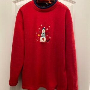 RED Boxy FLEECE TOP * SNOWMAN w HEART APPLIQUE * Winter & Valentine's Day * L